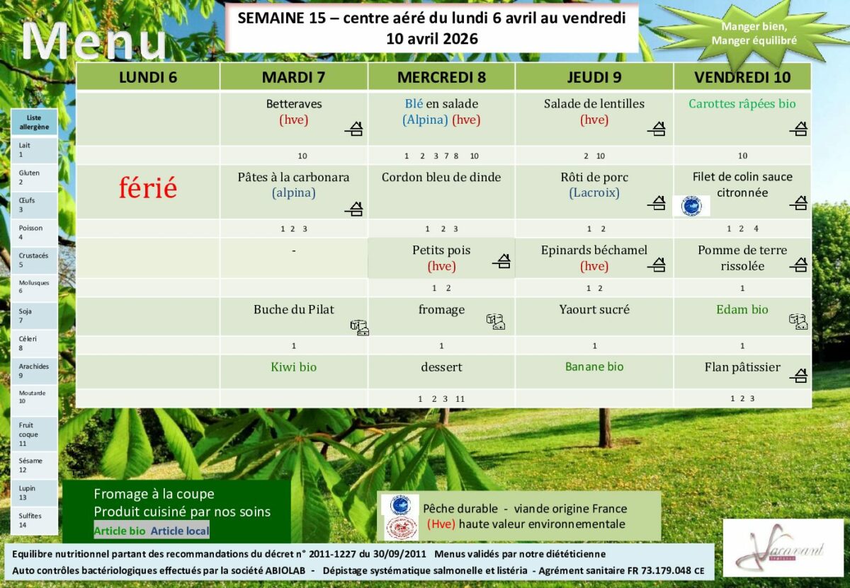 Menus scolaire du mois d'Avril 2026
