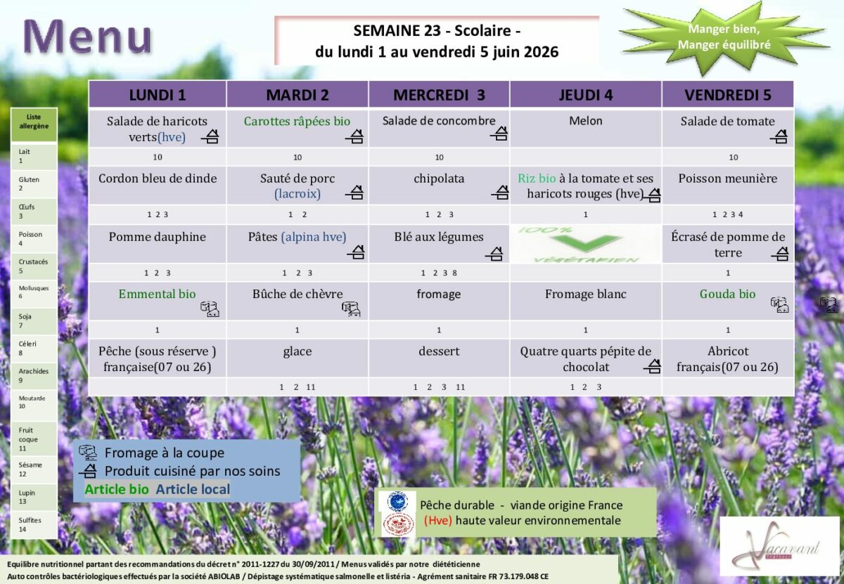 Menus scolaire du mois de Juin 2026