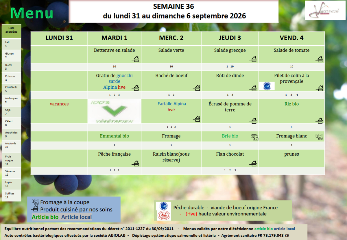 Menus scolaire du mois de Septembre 2026